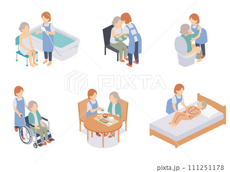 女性の高齢者介護のアイソメトリックイラスト 111251178