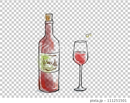 シンプルなワインボトルとグラスの水彩イラスト 111251501