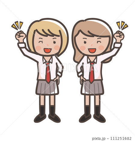 笑顔でガッツポーズをするかわいい仲良し女子高生2人のイラスト 111251682
