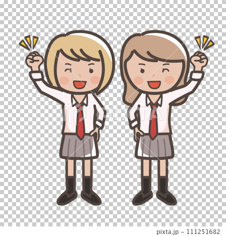 笑顔でガッツポーズをするかわいい仲良し女子高生2人のイラスト 111251682