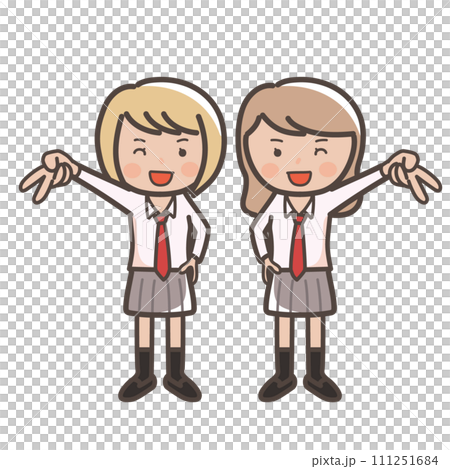 Illustration of two cute high school girls doing gal peace with smiles 111251684