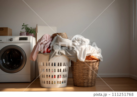 Laundry basket on blurred background of modern washing machine, Basket with dirty clothes in laundry room, generative ai 111251768