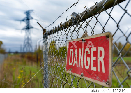 danger warning high voltage electrical line .AI generative 111252164
