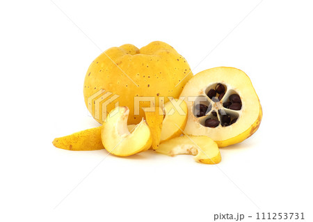 Vibrant quince fruits, both sliced and whole on white Vibrant quince fruits, both sliced and whole on white 111253731