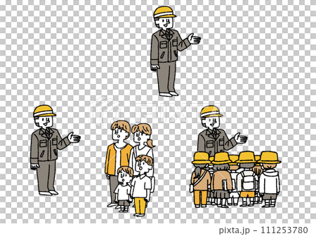 Illustration about a field trip with a man at a construction or factory site giving an explanation and families and children listening to the explanation Illustration about a field trip with a man at a construction or factory site giving an explanation and families and children listening to the explanation 111253780