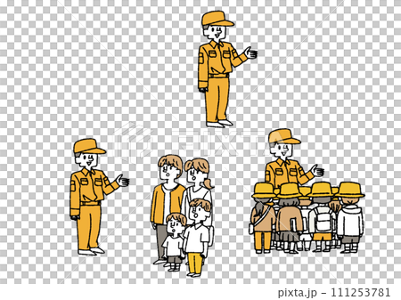 Illustration about a field trip with a male firefighter giving an explanation and families and children listening to the explanation Illustration about a field trip with a male firefighter giving an explanation and families and children listening to the explanation 111253781