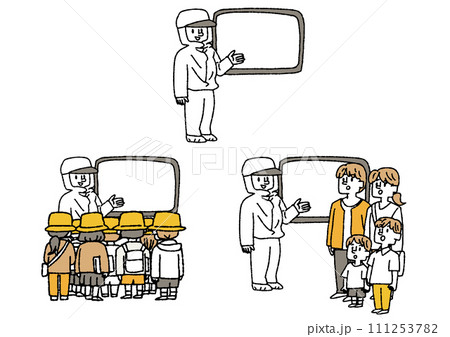 説明をする工事や工場の現場の人物と説明を聞く家族や子供達 社会見学についてのイラスト 説明をする工事や工場の現場の人物と説明を聞く家族や子供達 社会見学についてのイラスト 111253782