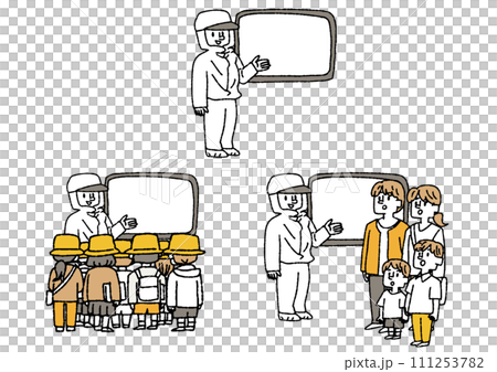 説明をする工事や工場の現場の人物と説明を聞く家族や子供達 社会見学についてのイラスト 説明をする工事や工場の現場の人物と説明を聞く家族や子供達 社会見学についてのイラスト 111253782