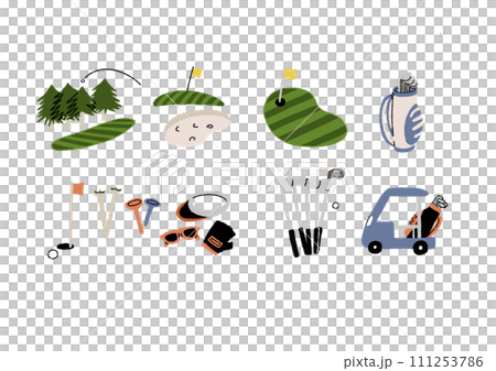 Hand drawn illustration set about golf equipment and golf courses 111253786