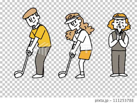 クラブをかまえるゴルファーの男性と女性 拍手をするキャディの女性のイラストセット クラブをかまえるゴルファーの男性と女性 拍手をするキャディの女性のイラストセット 111253788