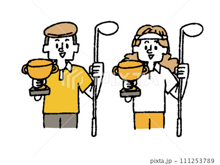 優勝カップを手にしているゴルファーの男性と女性のセット 優勝カップを手にしているゴルファーの男性と女性のセット 111253789