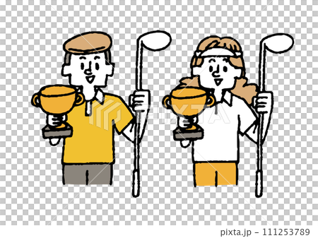 A set of male and female golfers holding a championship cup in their hands 111253789
