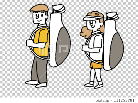 Illustration set of men and women carrying golf bags 111253791