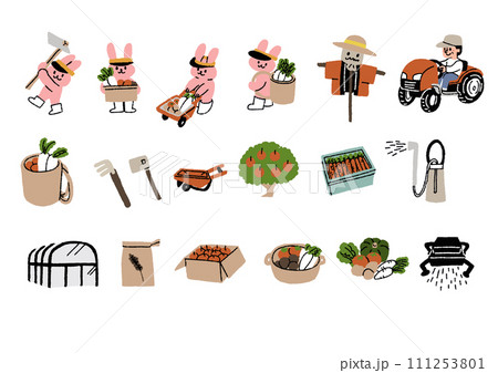 農家、農業、農作物に関する手書きイラストセット 111253801