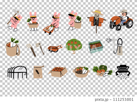 農家、農業、農作物に関する手書きイラストセット 111253801