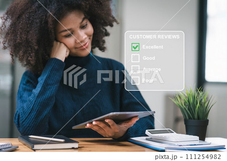 African American customer providing excellent satisfaction ratings. Customer review satisfaction feedback survey concept. African American customer providing excellent satisfaction ratings. Customer review satisfaction feedback survey concept. 111254982