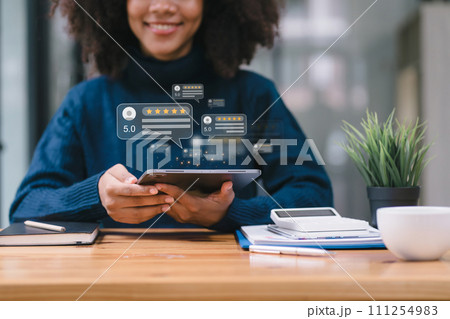 African American customer providing five satisfaction ratings. Customer service evaluation concept. 111254983