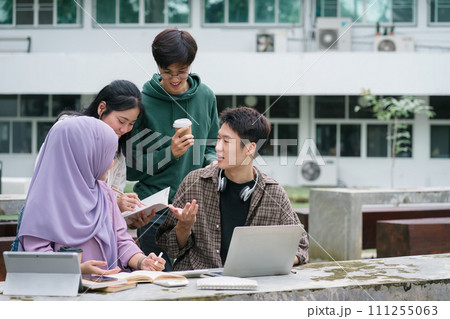 Multi ethnic group of university students brainstorming together outdoors at campus. Multi ethnic group of university students brainstorming together outdoors at campus. 111255063