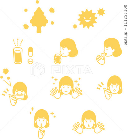 アイコン　花粉症　花粉　医療　人物　女性　ベクター　イラスト素材セット 111255100