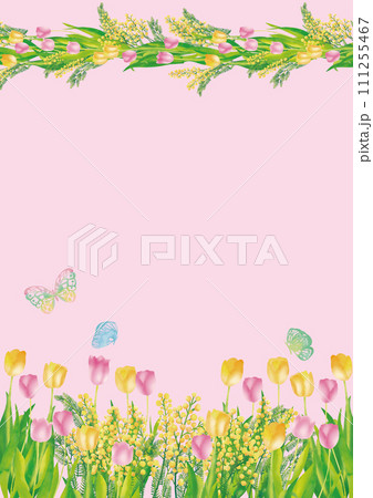 水彩風　ピンクと黄色チューリップ・クローバー・蝶々　フレーム　縦 111255467