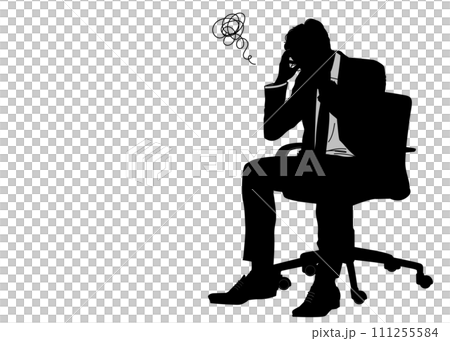 もやもやマークと椅子に座って頭を抱えて悩むサラリーマンのシルエット もやもやマークと椅子に座って頭を抱えて悩むサラリーマンのシルエット 111255584