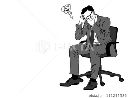 椅子に座って頬杖をついて考え込むサラリーマンのイラスト 椅子に座って頬杖をついて考え込むサラリーマンのイラスト 111255586