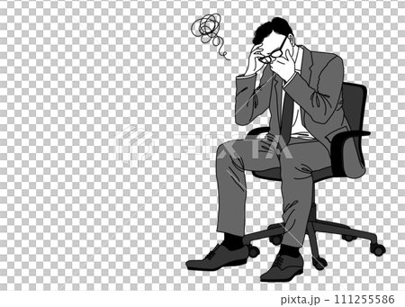 Illustration of an office worker sitting on a chair with his chin resting in thought 111255586