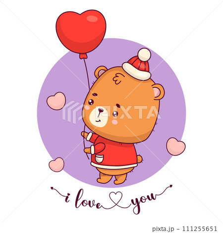 Cute bear with balloon. Romantic teddy bear in winter clothes. Animal in love kawaii character. Valentines card with confession I love you. Vector illustration Cute bear with balloon. Romantic teddy bear in winter clothes. Animal in love kawaii character. Valentines card with confession I love you. Vector illustration 111255651