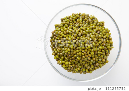 ガラス器に入った緑豆　もやしの種　ムング豆 111255752