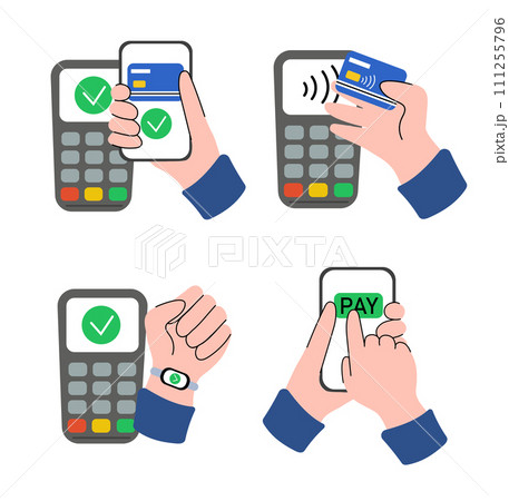 Contactless wireless cashless payment set. Hands paying with bank debit cards, POS terminal, mobile phone app, smartwatch. Flat graphic vector illustration. 111255796