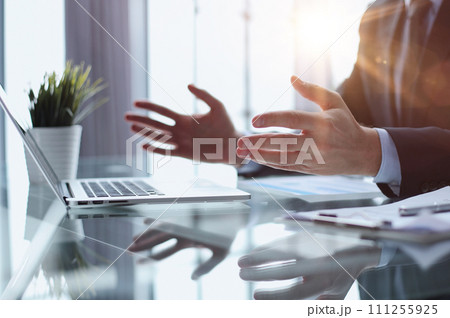businessman finger typing on computer keyboard in office 111255925
