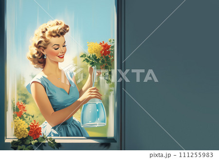 Minimalistic retro 1960's postcard of happy smiling woman housewife in blue dress, holding a jug of water with flowers 111255983