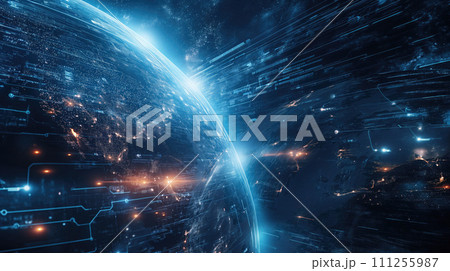 The planet earth moving inside the cyber space and high technology and unknown space around. Universe science astronomy space background wallpaper 111255987