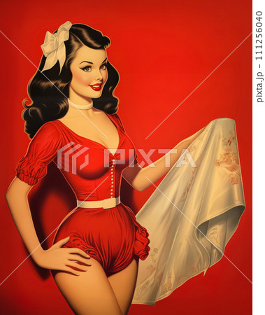Retro 1950's pin up style advertising shot postcard of girl, woman showing red underwear with shawl in hand on red background Retro 1950's pin up style advertising shot postcard of girl, woman showing red underwear with shawl in hand on red background 111256040
