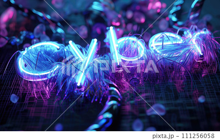 Cyber title text word made from fiber components, printed on motherboard with much light and electric signals around 111256058