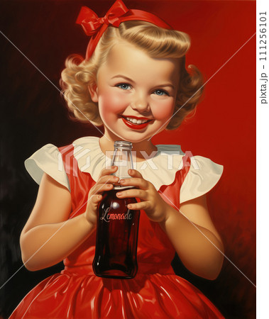 Minimalistic retro vintage postcard of happy smiling child with blond hair, drinking coke, lemonade and dark red neutral background 111256101