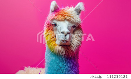 Advertising portrait, banner, cheerful alpaca with colorful hairstyle, looks straight, isolated on pink background Advertising portrait, banner, cheerful alpaca with colorful hairstyle, looks straight, isolated on pink background 111256121