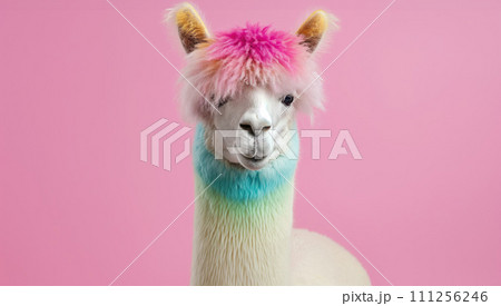 Advertising portrait, banner, cheerful alpaca with fashionable hairstyle, looks straight, isolated on pink background Advertising portrait, banner, cheerful alpaca with fashionable hairstyle, looks straight, isolated on pink background 111256246