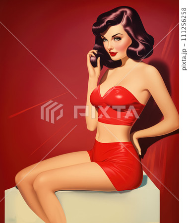 Retro 1950's pin up style advertising shot postcard of girl, woman with dark hair, advertising underwear on red background 111256258
