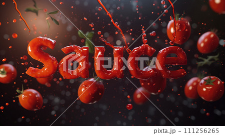 Flying word Sauce title text food lettering from tomato with tomatoes, green herbs, and greens around 111256265