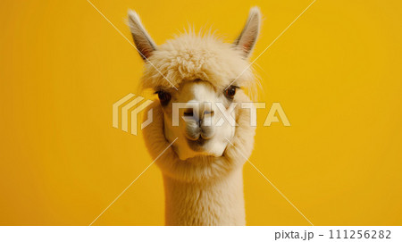 Advertising portrait, banner, cheerful alpaca with trimmed hair, looks straight, isolated on yellow background Advertising portrait, banner, cheerful alpaca with trimmed hair, looks straight, isolated on yellow background 111256282
