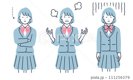 制服を着た女子学生のリアクション。ベクターイラスト素材セット 制服を着た女子学生のリアクション。ベクターイラスト素材セット 111256379