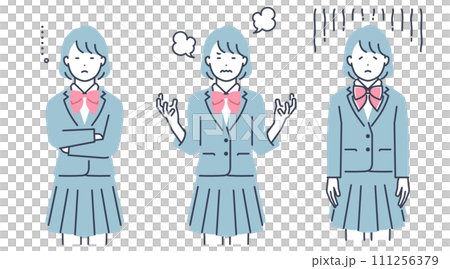 制服を着た女子学生のリアクション。ベクターイラスト素材セット 制服を着た女子学生のリアクション。ベクターイラスト素材セット 111256379