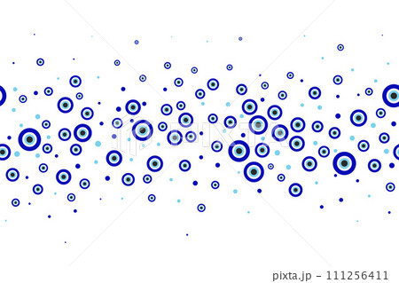 Evil eye blue Turkish symbol border. Magic nazar bead. Greece and Turkish amulet esoteric design for luck. Vector frame foe brochure and banner Evil eye blue Turkish symbol border. Magic nazar bead. Greece and Turkish amulet esoteric design for luck. Vector frame foe brochure and banner 111256411