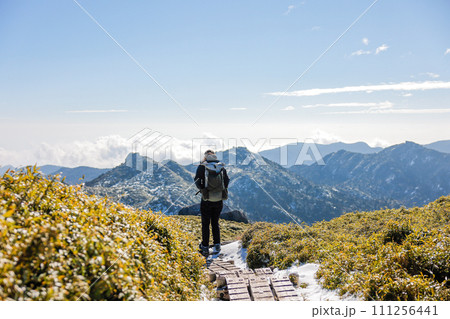 屋久島トレッキングする女性 111256441