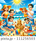 夏の海で海水浴に来た家族の風景のイラスト 111256503