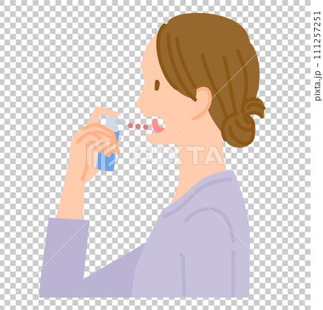 花粉症の舌下免疫療法イメージ（女性がスギ花粉エキスの液体を滴下） 111257251