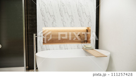 Wooden and black granite wall in Japan bathroom modern Onsen minimal style 111257428
