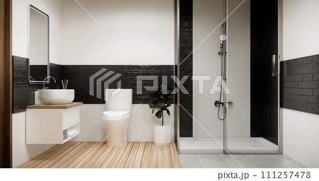 Wooden and black granite wall in Japan bathroom modern Onsen minimal style 111257478