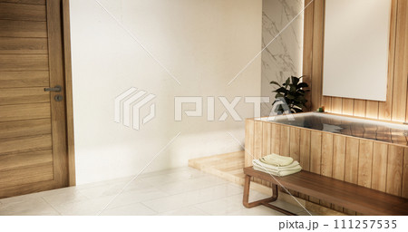 Wooden Japan bathroom modern Onsen minimal style. Wooden Japan bathroom modern Onsen minimal style. 111257535